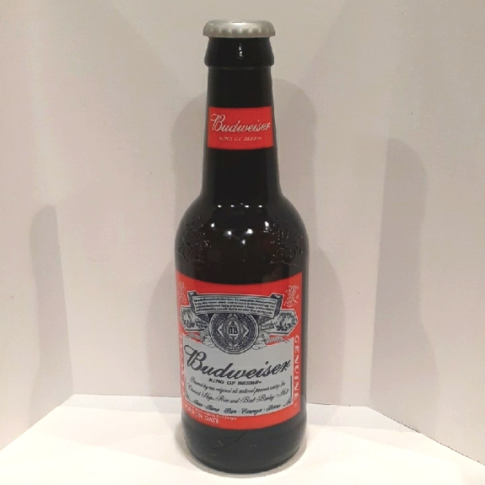Large 14 1/2" Budweiser Bottle with Red and Silver Label And Cap. Collectible.
